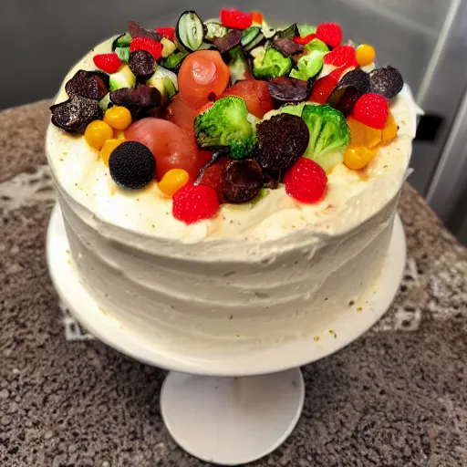 Prompt: photo of a cake with vegetables toppings