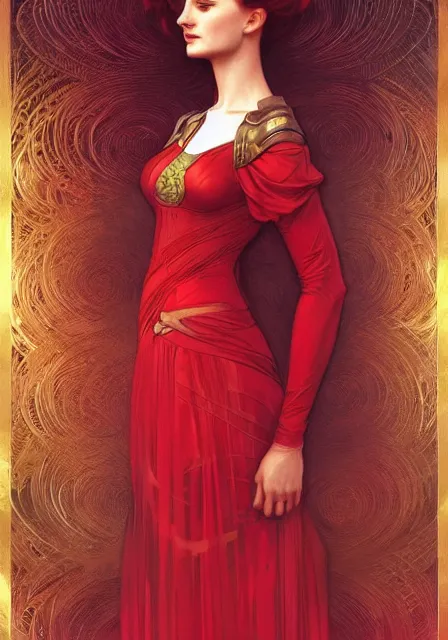 Image similar to sansa stark in red and gold, intricate, elegant, highly detailed, digital painting, artstation, concept art, smooth, sharp focus, illustration, art by artgerm and greg rutkowski and alphonse mucha and william - adolphe bouguereau
