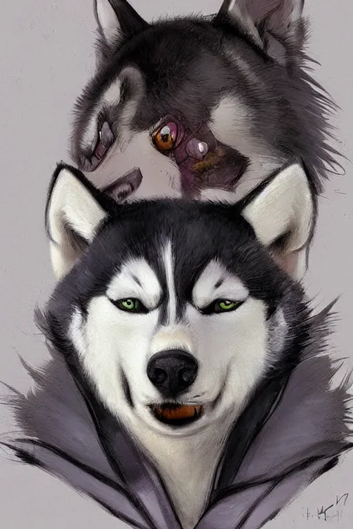 Image similar to a character design of a husky hero, portrait painting, anime, humanoid, anthropomorphic, personify, furry