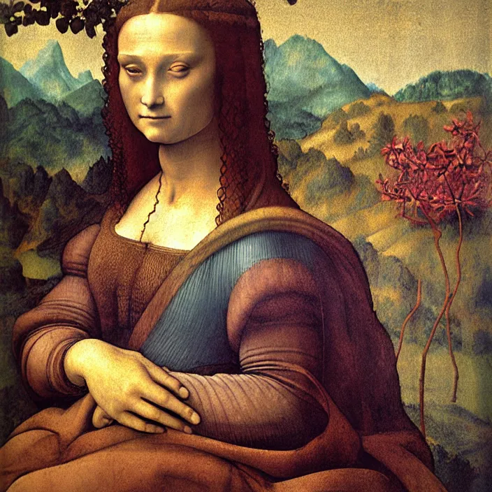 Image similar to a portrait of a woman painted by leonardo da vinci. the woman in the painting is shown seated with her hands folded in her lap. she is wearing a simple dress with a pattern of flowers. her hair is pulled back from her face and she has a small, faint smile. the background of the painting is a landscape of rolling hills and mountains.