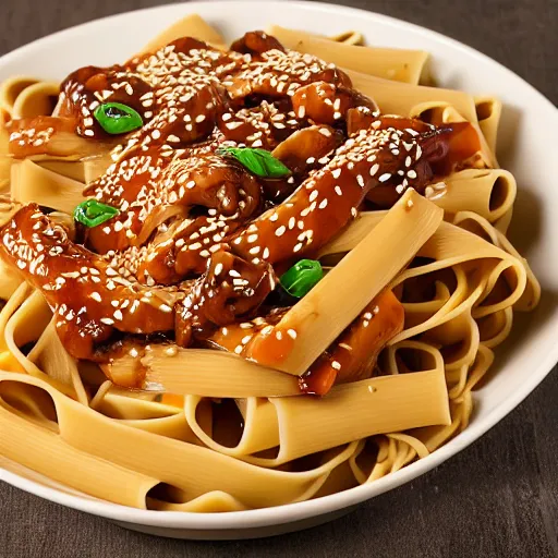 Image similar to fettuccini pasta but Teriyaki sauce and sesame chicken, 4K photo, HD