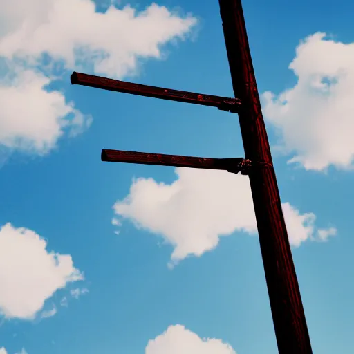 Image similar to a beautiful 8k closeup photo of an electrical pole with fluffy diffused clouds in the background