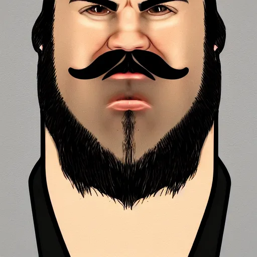 Image similar to face portrait a big beefy man with a large face, thick dark hair, a bushy black moustache, no beard, with hardly any neck and mean little eyes, highly detailed, digital art, sharp focus, trending on art station, drawing