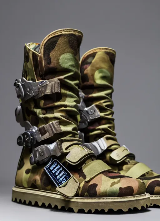 Image similar to hyperrealistic and heavy detailed product photo bape avant garde boots of movie the fifth element, in front of white back drop, whole shoe is in picture, leica sl 2 5 0 mm, vivid color, high quality, high textured, real life
