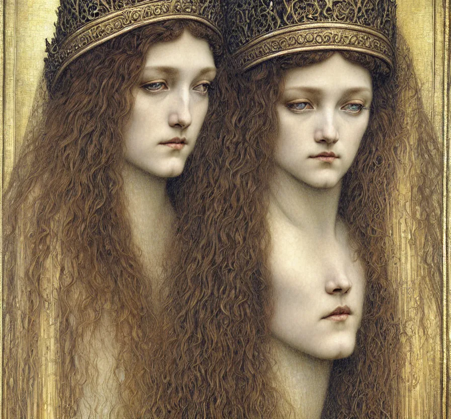 Image similar to detailed realistic beautiful young medieval queen face portrait by jean delville, gustave dore and marco mazzoni, art nouveau, symbolist, visionary, gothic, pre - raphaelite. horizontal symmetry