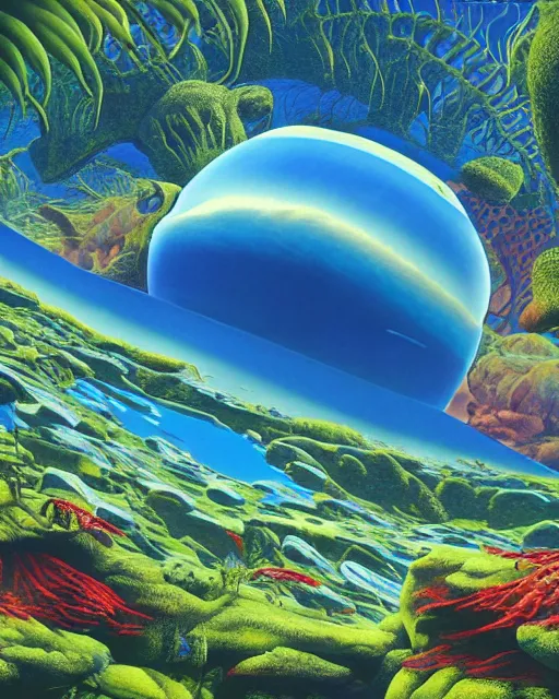 Image similar to blue planet by roger dean, 4 k, hyper detailed