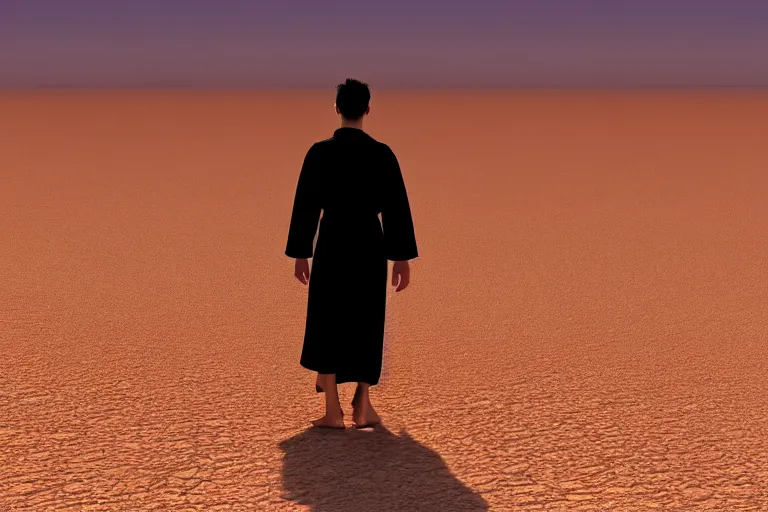 Prompt: guy with a robe walking through a desert with high speed winds, 2 d perspective, wind, 8 k, ultra detailed, award winning, trending on artstationhd, epic, dramatic, cinematic,