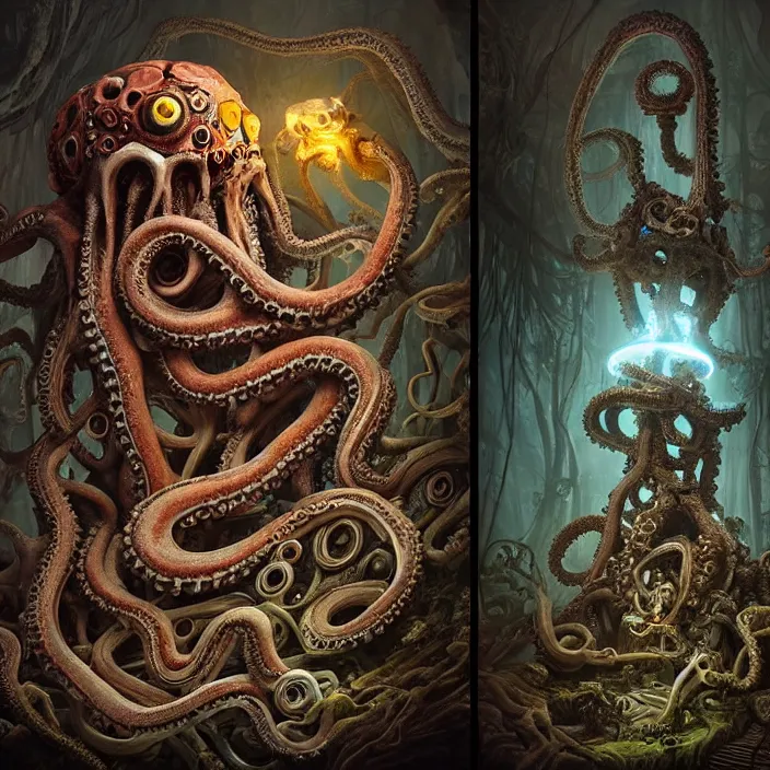 Prompt: biomechanical creature with big octopus head and ( glowing ) eyes guarding an ancient chest in a mystic swamp, gothic and baroque, brutalist architecture, ultradetailed, intricate by ellen jewett and josan gonzalez and giuseppe arcimboldo