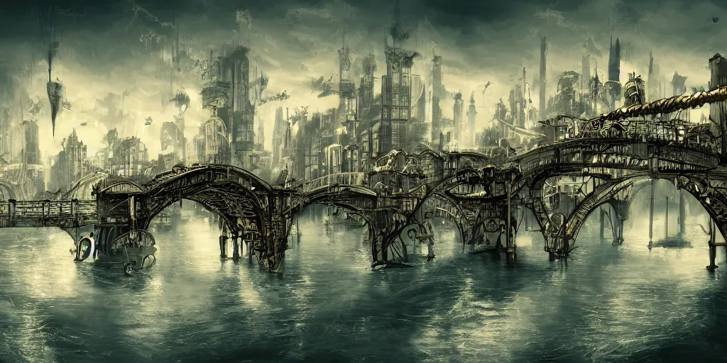 Image similar to Steampunk Haven, cityscape, rope bridges, high-quality wallpaper, desktopography