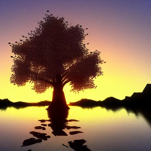 Image similar to a tree in a river, sunset, low poly