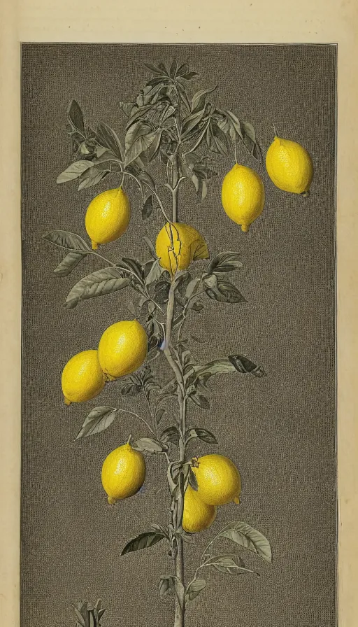 Image similar to encyclopedia drawing of lemon, whole plant, manuscript, etching