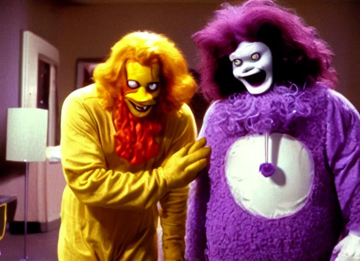 Prompt: film still of ronald mcdonald and grimace in a 1 9 8 0 s slasher movie