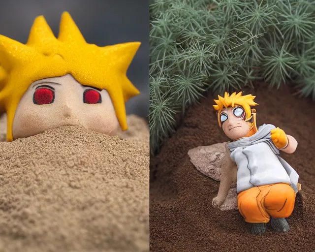 Image similar to 8 5 mm food photography of naruto made of sand near a garden with dof and bokeh and flowers o