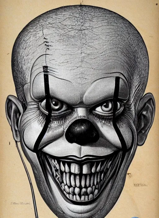Prompt: vintage medical anatomical illustration of pennywise ( 1 9 9 0 ) head, highly detailed, labels, intricate writing