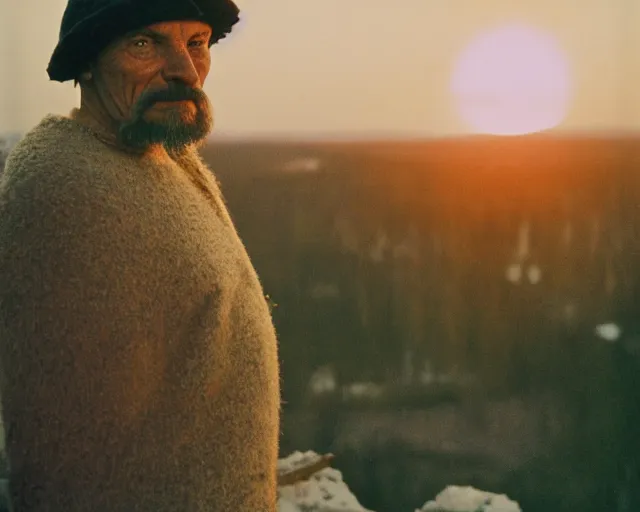 Image similar to award - winning lomographic tarkovsky film still of 4 0 years russian man with beard and sweater standing on small hrushevka 9 th floor balcony in taiga looking at sunset, kodak ektar, bokeh