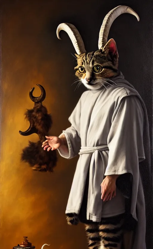 Image similar to a bipedal cat that has goat horns, anthropomorphic cat that is wearing robes, oil painting, by diego velazquez, dnd, character reveal, cosmic, magical, fog, noble, full body portrait, intricate, extremely detailed, cult, ritual, 4 k, 8 k