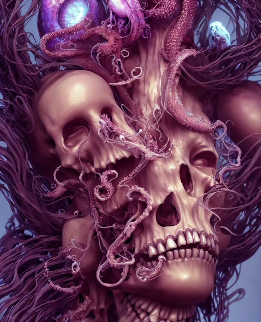 Image similar to goddess close - up portrait human skeleton, ram skull, squid phoenix jellyfish, orchid, betta fish, bioluminiscent, intricate artwork by tooth wu and wlop and beeple. octane render, trending on artstation, greg rutkowski very coherent symmetrical artwork. cinematic, hyper realism, high detail, octane render, 8 k