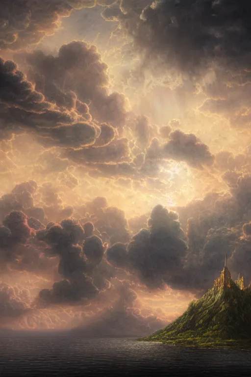 Prompt: a beautiful hyper realistic detailed matte painting of an island floating in the sky, flying castle tower, vivid color hues, looks like creativity by john howe, greg rutkowski, gustave dore, ferdinand knab, lush sky above, space nebuloid, barometric projection, rectilinear, octane render, ellen jewett, beautiful surreal palatial pulsar at dawn