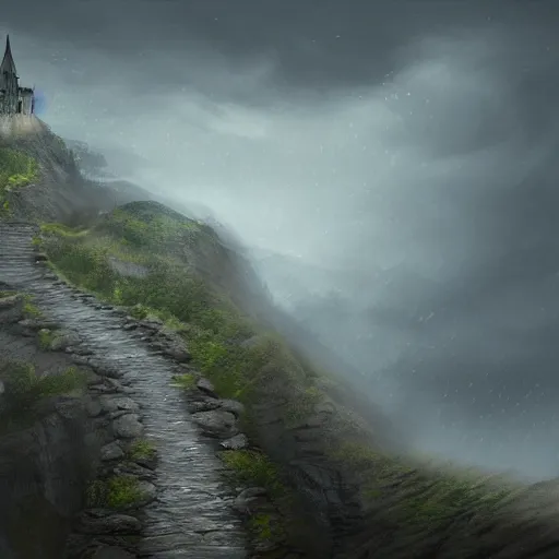 Image similar to a long winding pathway with deep cliffs on both sides, with a mysterious dark castle at the of the path, digital art, 8 k, concept art