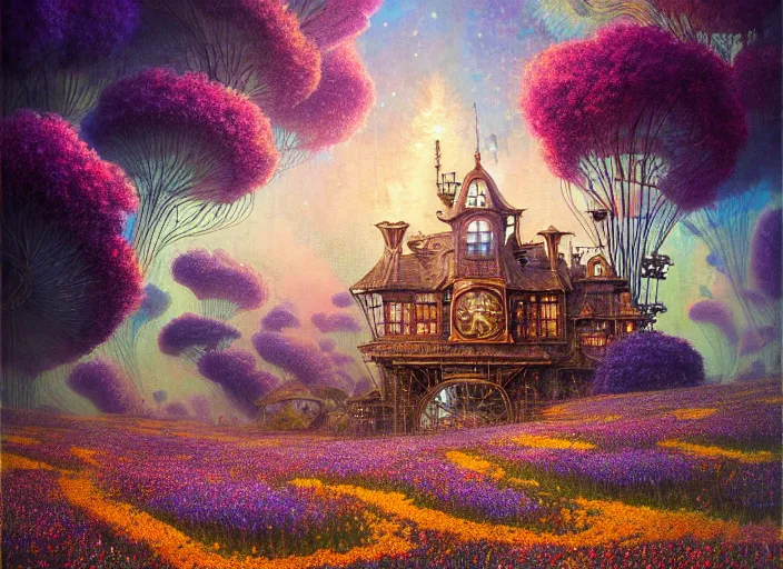 Image similar to a beautiful painting of a large steampunk house shrouded by mystic nebula magic in a field of flowers by moebius and android jones, oil on canvas sharp, details, hyper - detailed, hd, hdr, 4 k, 8 k