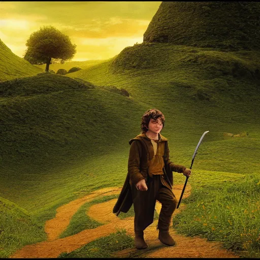 Prompt: frodo baggins in the shire In the style of moebius, detailed 4k photograph