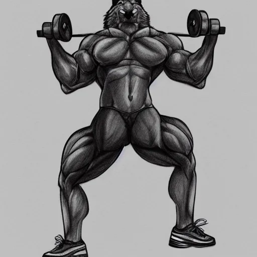 Image similar to master furry artist charcoal sketch lines full body portrait character study of the anthro male anthropomorphic wolf fursona animal person wearing gym shorts bodybuilder at gym