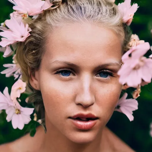 Image similar to vintage photograph of an olive skinned blonde female model in her twenties, her hair pinned up with flowers, wearing a designer top, looking content, focused on her neck, photo realistic, extreme detail skin, natural beauty, no filter, slr, golden hour, 8 k, high definition, selfie