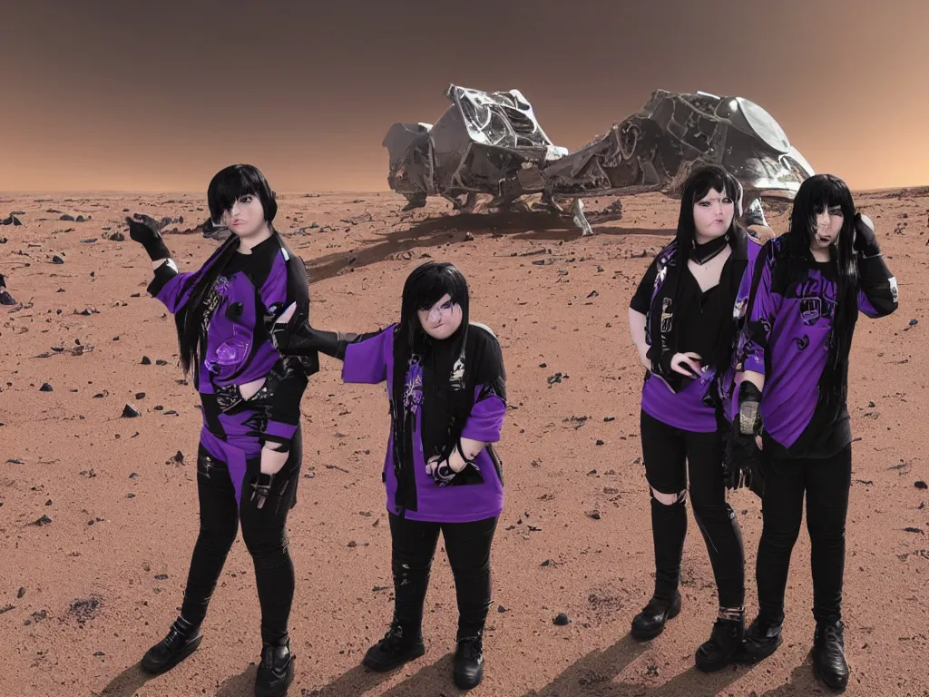 Prompt: two chubby teenagers with emo haircuts wearing gothy purple and black space spandex suits, standing next to smoldering spacecraft wreckage, on the surface of mars, sunset, sand storm approaching, magnificent white futuristic cityscape in the bakground, highly detailed, dramatic lighting, photorealistic, cinematic