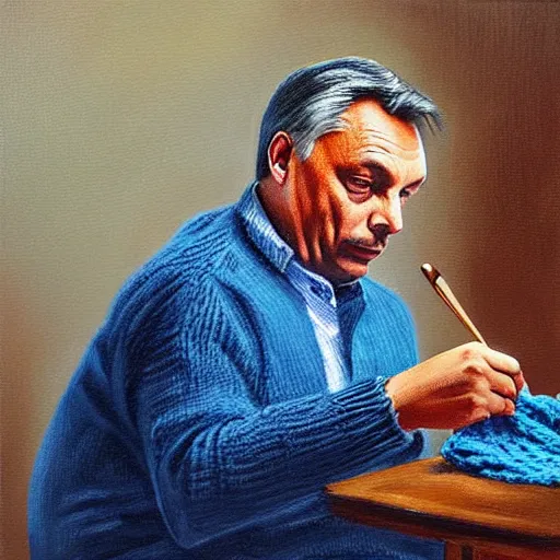 Image similar to viktor orban knitting a scarf, oil painting