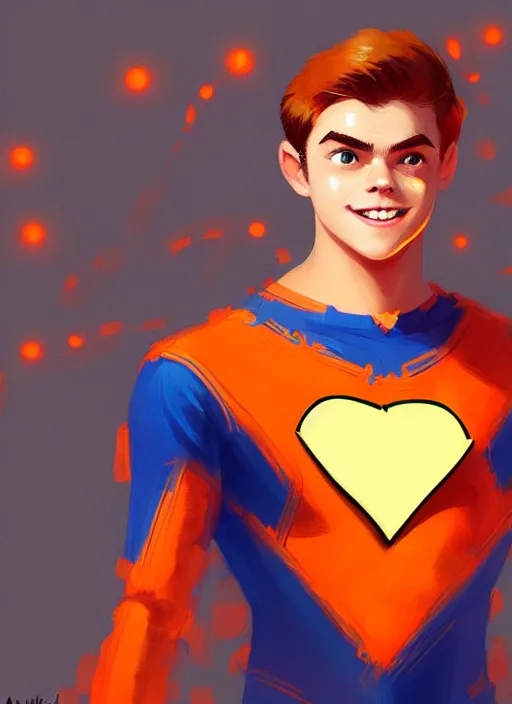 Image similar to kind teenage archie andrews wearing an orange superhero costume, superhero costume with heart emblem, cape, intricate, elegant, glowing lights, highly detailed, digital painting, artstation, sharp focus, illustration, art by wlop, mars ravelo and greg rutkowski