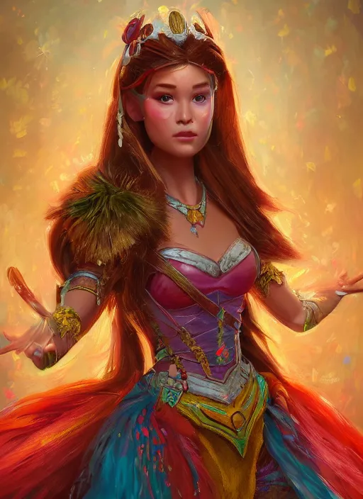 Image similar to detailed concept art illustration oil painting of a Disney warrior princess in full intricate colorful clothing, ultra detailed, digital art, octane render, 4k