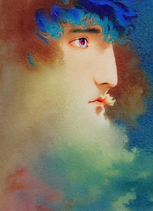 Image similar to vintage 7 0 s anime watercolor by ivan aivazovsky, a portrait of a man with colorful face - paint enshrouded in an impressionist watercolor, representation of mystic crystalline fractals in the background by william holman hunt, art by cicley mary barker, thick impressionist watercolor brush strokes, portrait painting by daniel garber, minimalist simple pen and watercolor