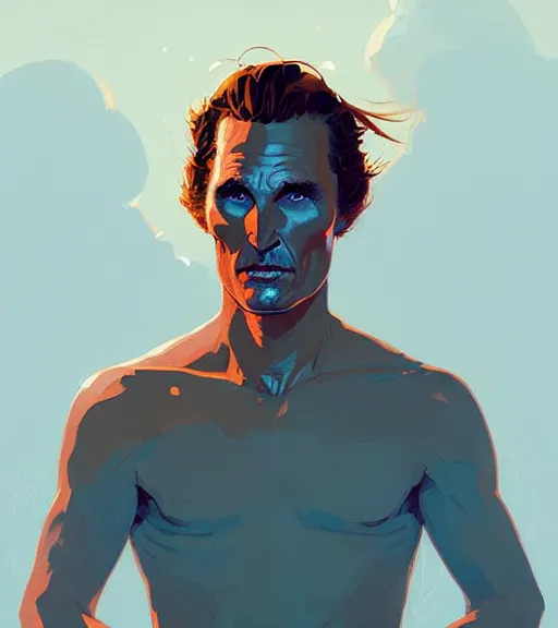 Prompt: portrait of beautiful warrior matthew mcconaughey, by atey ghailan, by greg rutkowski, by greg tocchini, by james gilleard, by joe fenton, by kaethe butcher, dynamic lighting, gradient light blue, brown, blonde cream and white color scheme, grunge aesthetic