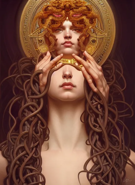 Image similar to symmetry!! portrait of medusa, greek mythology, ancient greece, intricate, elegant, highly detailed, digital art, digital painting, artstation, concept art, sharp focus, illustration, art by artgerm and greg rutkowski and alphonse mucha, 8 k