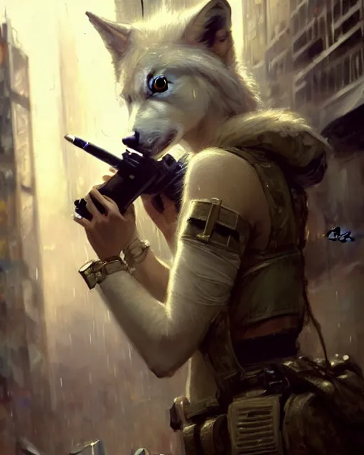 Image similar to beautiful portrait of an attractive white anthro wolf female soldier smoking a cigarette in a bustling crowd of a rainy city street, cyberpunk, wearing tactical gear, female fursona, 4 k, trending on artstation, by gaston bussiere, craig mullins, artgerm, greg rutkowski, alphonse mucha
