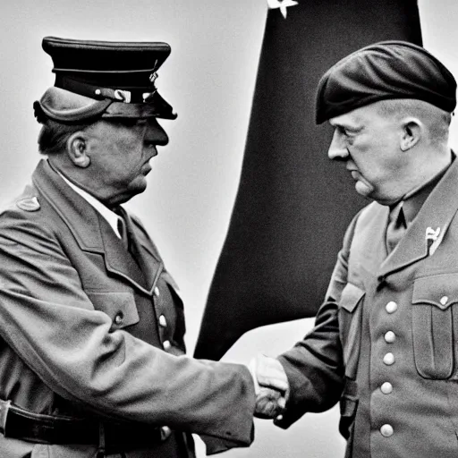 Prompt: donald trump and adolf hitler shaking hands, photography, hyper realism, germany, ww2, 8k,