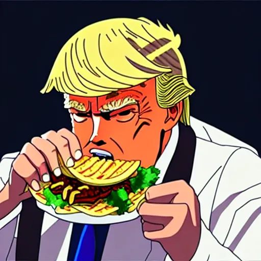 Image similar to beautiful makoto shinkai anime style digital painting portrait of donald trump eating a taco bowl, 4 k, 8 k, hd, high resolution, highly detailed, intricate detail, ultra realistic faces, digital art, trending on artstation, your name, weathering with you