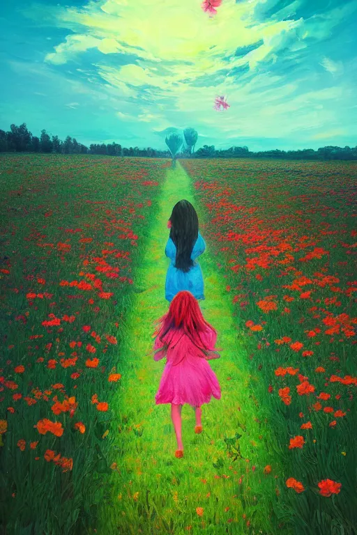 Image similar to giant flower head, girl walking in a flower field, surreal photography, sunrise, dramatic light, impressionist painting, colorful clouds, digital painting, artstation, simon stalenhag