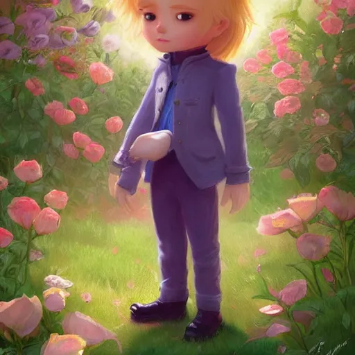 Image similar to the little prince standing in a garden of roses, blond hair, gorgeous, amazing, elegant, intricate, highly detailed, digital painting, artstation, concept art, sharp focus, illustration, art by corinna ice