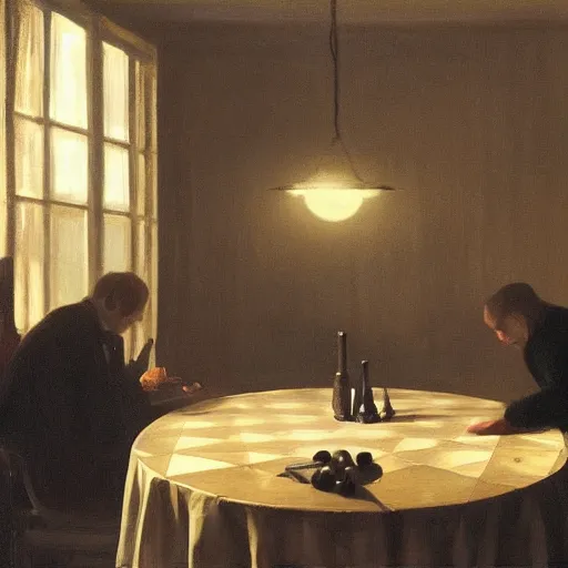 Image similar to covert shadow figures of men in a dark room with a chequered floor conversing around a table in secrecy, moody and atmospheric, dramatic scene, dimly lit room, cgsociety, 8k resolution, trending on artstation, octane render by Quint Buchholz, Pieter Claesz and edward hopper