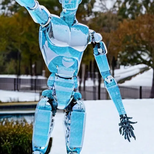 Image similar to made of ice, a realistic detailed photo of a guy who is an attractive humanoid who is half robot and half humanoid, who is a male android, on display, blank stare, showing off his muscles, shiny skin, posing like a statue, by the pool, frozen ice statue, f 1 driver max verstappen, humanoid robot