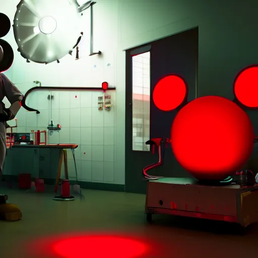 Image similar to render of mechanics working on bloody mickey mouse head in facility laboratory, with glowing red netflix logo, low light with only 1 mint and 1 red light, made by beeple, cgsociety, octane render, unreal engine, cinema 4 d, artstation, 4 k highly detailed art