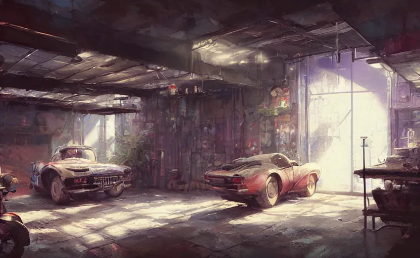 Prompt: an old garage interior, painting by Craig Mullins, octane rendering, soft lighting, wide angle lens, low view, in the style of Hayao Miyazaki, trending on artstation,