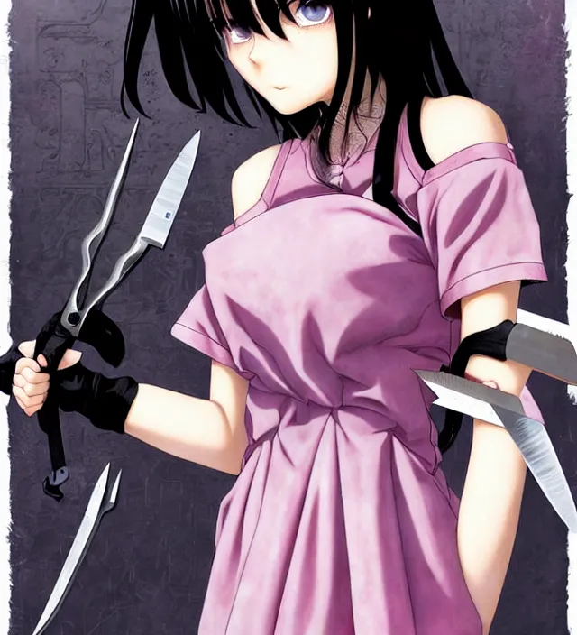 Prompt: portrait of a morbid 18 year old young woman wearing a grunge aesthetic dress with straight silky black hair, in a butcher shop, queen of sharp razorblades holds a single individual razerblade her hand and shows it to the user, in the style of Range Murata and by Katsuhiro Otomo.