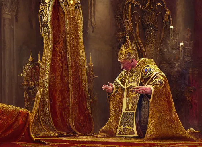 Image similar to kneeling before the pope, royal robe, gold trim, light effect, hyper detailed, intricate, atmospheric, elegant, photorealistic by paul lehr, marco mazzoni, featured on cgsociety, rococo, whimsical, artstation