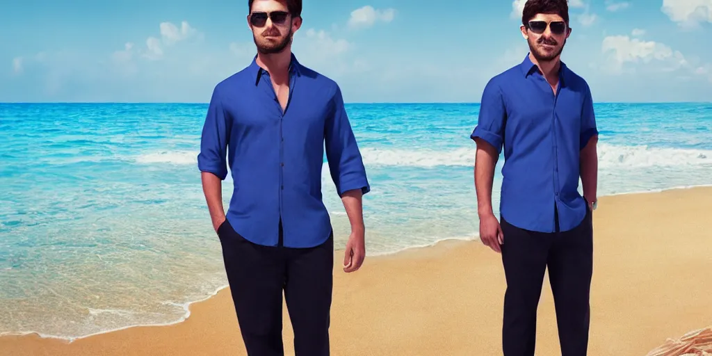 Image similar to a handsome guy is standing tall, in a beautiful shirt, with the beach, sea, sun, rays in the background? super detail, one character