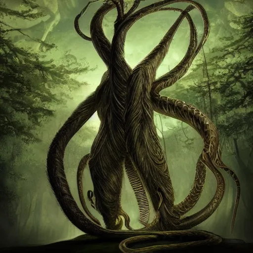 Image similar to A beautiful installation art of a large, looming creature with a long, snake-like body. The creature has many large, sharp teeth, and its eyes glow a eerie green. It is wrapped around a large tree, which is bent and broken under the creature's weight. There is a small figure in the foreground, clutching a sword, which is dwarfed by the size of the creature. warm, Wanda Gág by Naoto Hattori, by Claude Cahun intuitive