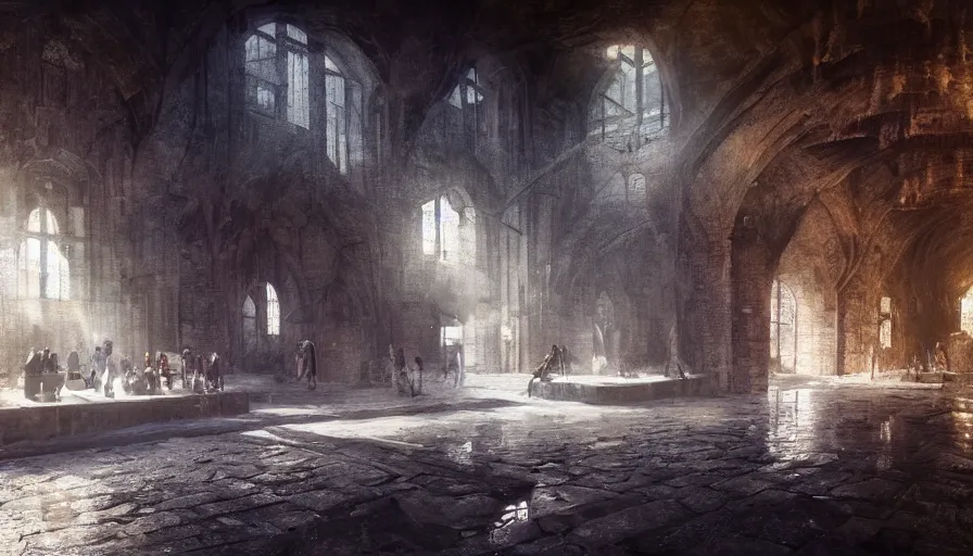 Image similar to medieval salt mine interior, light, shadows, reflections, epic composition, intricate, elegant, volumetric lighting, digital painting, highly detailed, artstation, sharp focus, illustration, concept art, ruan jia, steve mccurry