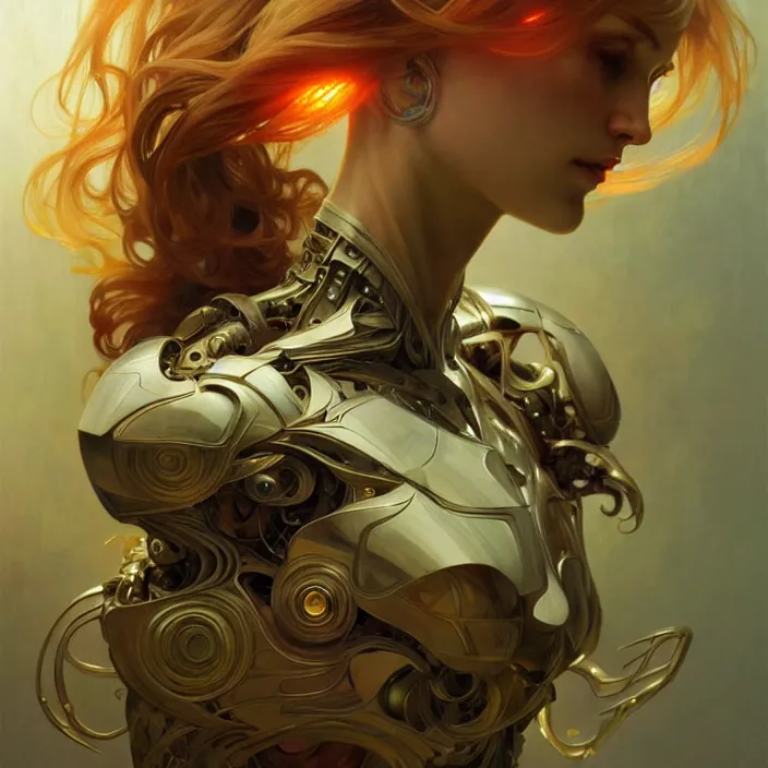 Image similar to organic cyborg, bright light radiant, diffuse lighting, fantasy, intricate, elegant, highly detailed, lifelike, photorealistic, digital painting, artstation, illustration, concept art, smooth, sharp focus, art by john collier and albert aublet and krenz cushart and artem demura and alphonse mucha