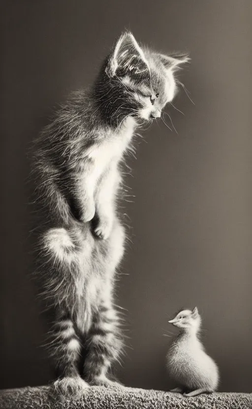 Image similar to Award winning Editorial photo of an adorable kitten standing on the back of a calm and happy duckling by Edward Sherriff Curtis and Lee Jeffries, 85mm ND 5, perfect lighting, gelatin silver process